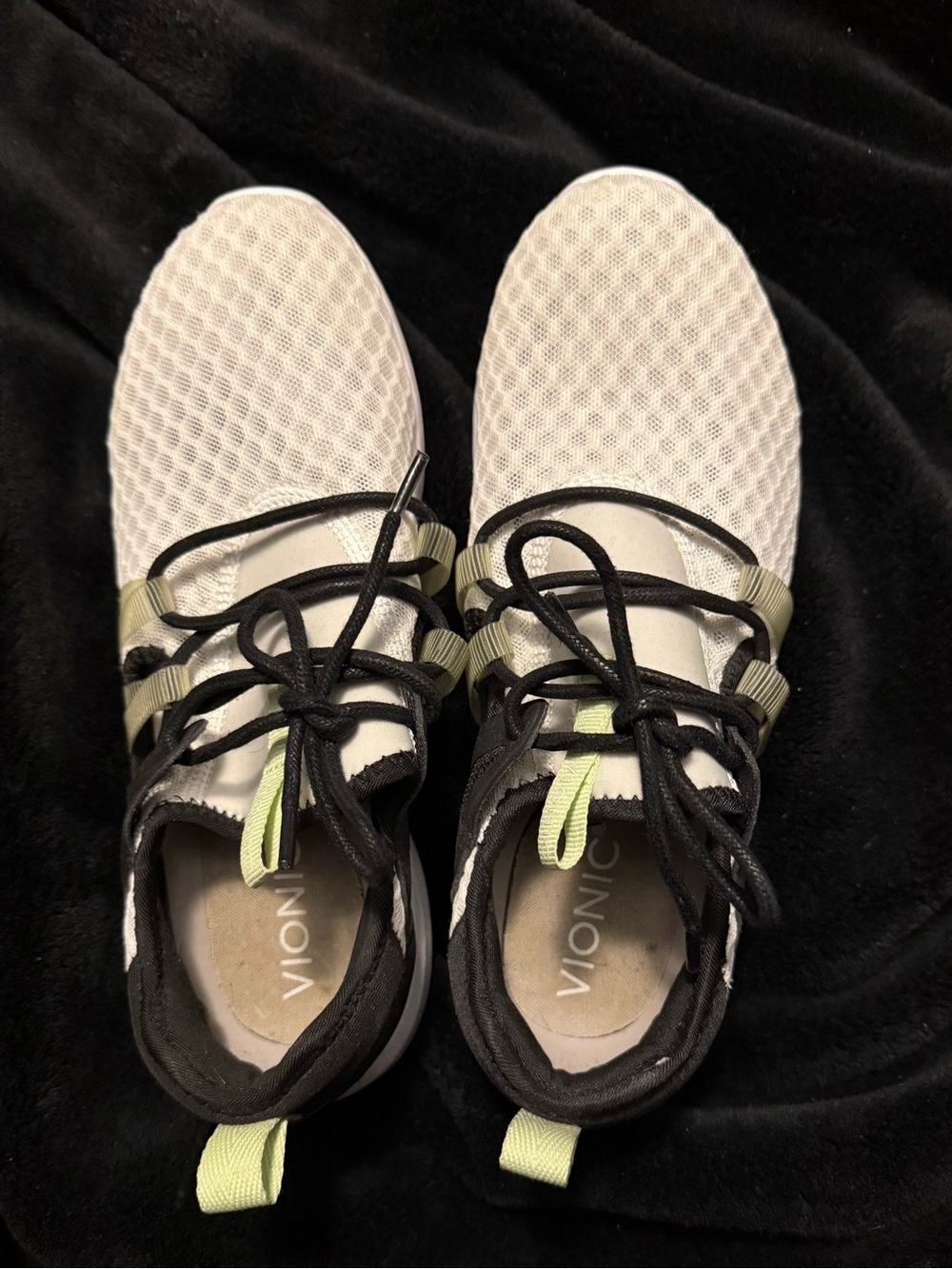Vionic White Athletic Sneakers with Black and Lime Accents, worn once